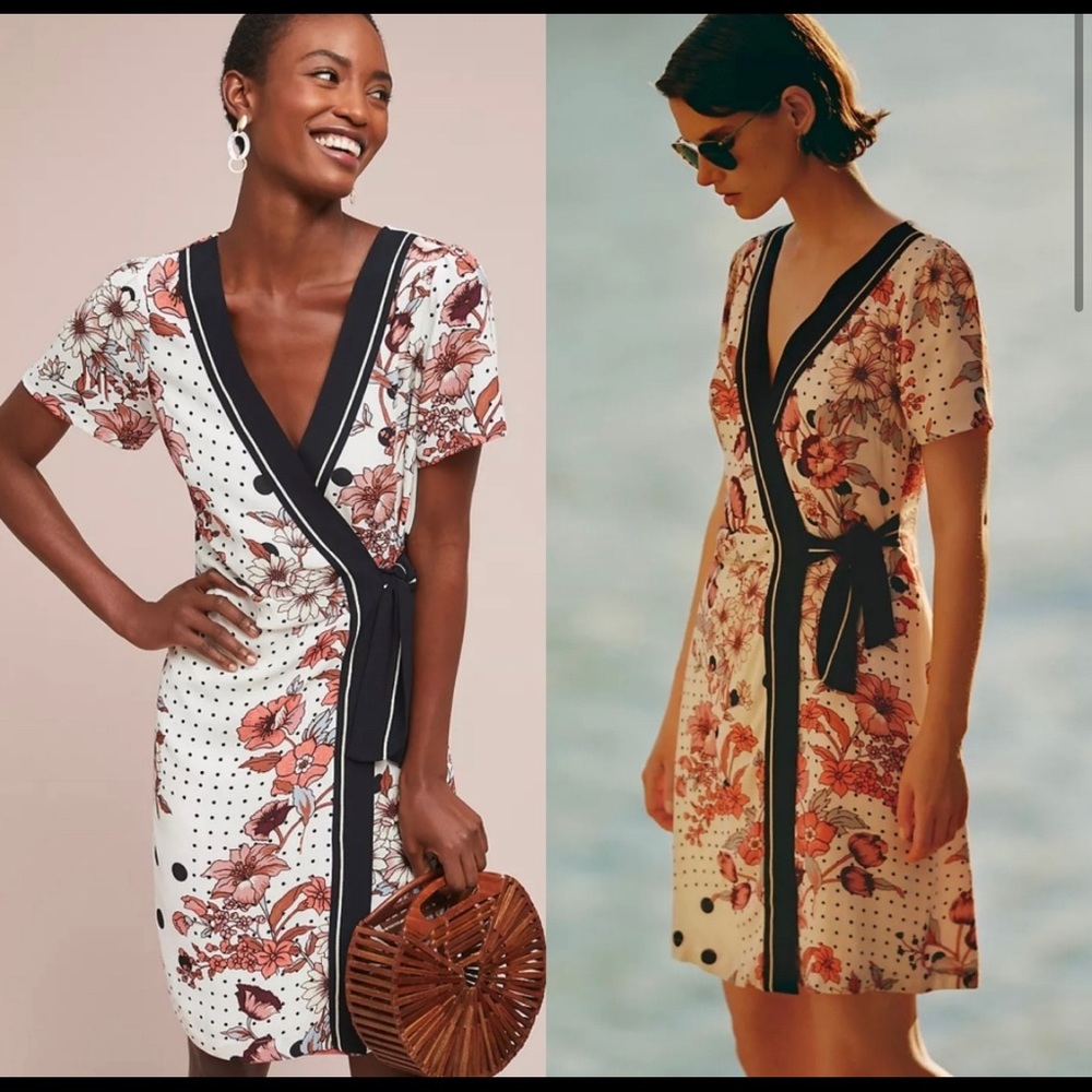 Maeve by Anthropologie Ivory Floral Aubrey Plunge Neck Wrap Dress Size 6